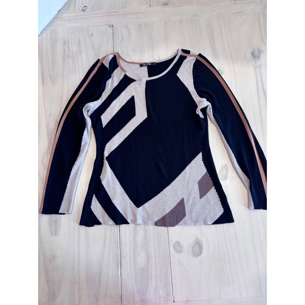 NIC+ZOE Womens PM Petite Medium Geometric Colorblock Cotton Modal Sweater Black